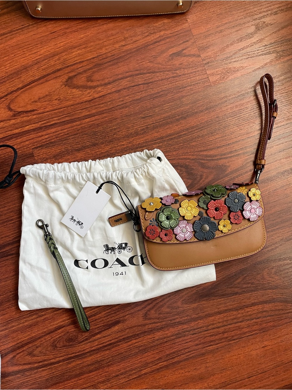 COACH Tan Floral Appliqué Leather Wristlet Clutch with Multicolor Flowers
